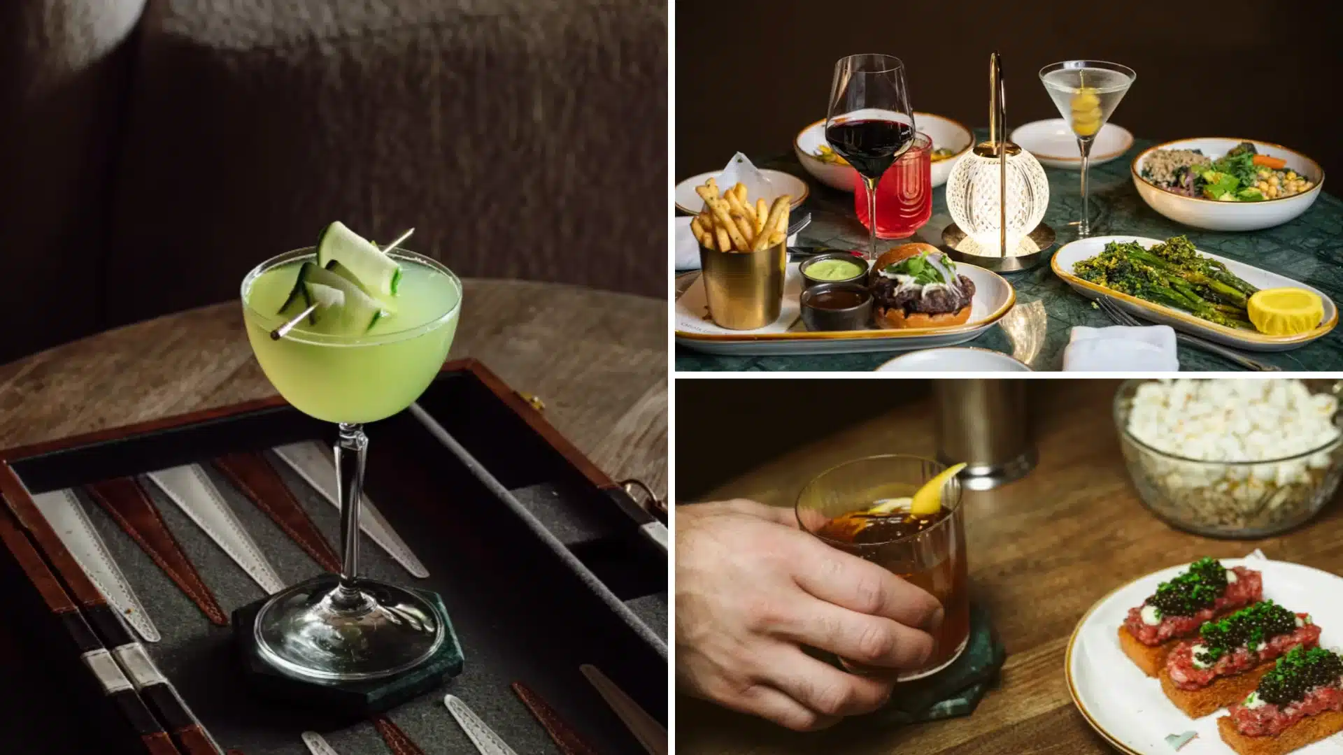 collage of cocktails and small plates at chelsea living room, including a green cocktail and caviar toast