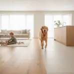 Child playing with wooden blocks on a rug in bright, minimalist living room with dog nearby