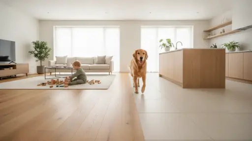 Child playing with wooden blocks on a rug in bright, minimalist living room with dog nearby