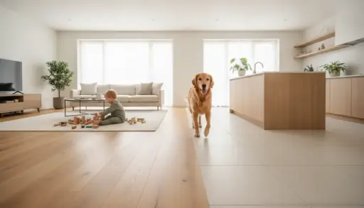 Child playing with wooden blocks on a rug in bright, minimalist living room with dog nearby