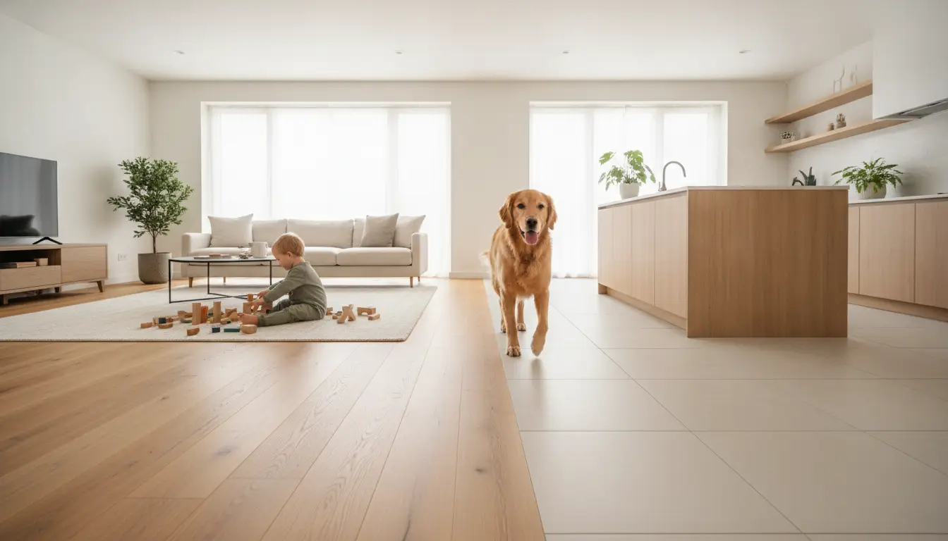 Child playing with wooden blocks on a rug in bright, minimalist living room with dog nearby