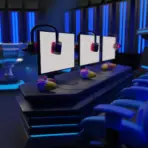 Gaming setup with monitors and headphones in a neon-lit esports arena