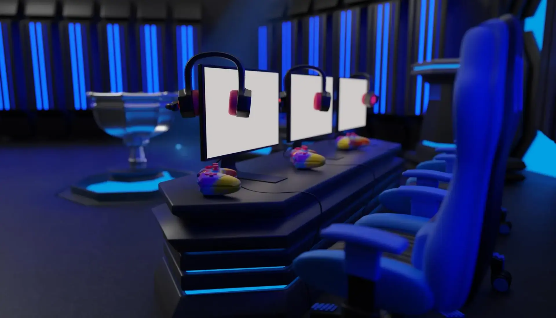 Gaming setup with monitors and headphones in a neon-lit esports arena