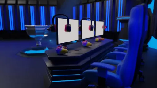 Gaming setup with monitors and headphones in a neon-lit esports arena