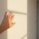 Hand touching textured wall in sunlit hallway with soft shadow patterns