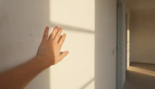 Hand touching textured wall in sunlit hallway with soft shadow patterns
