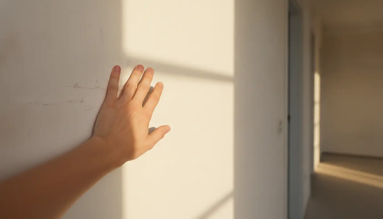 Hand touching textured wall in sunlit hallway with soft shadow patterns
