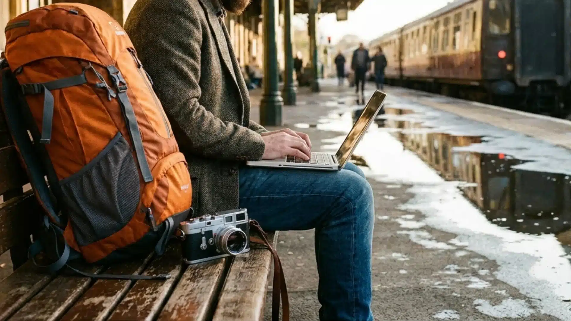 traveler using a laptop on a train station bench beside an backpack and camera, with a train in the background
