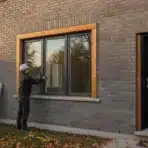 Man in hard hat installing a window on brick house exterior in autumn setting