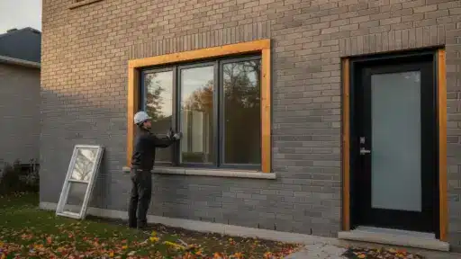 Man in hard hat installing a window on brick house exterior in autumn setting