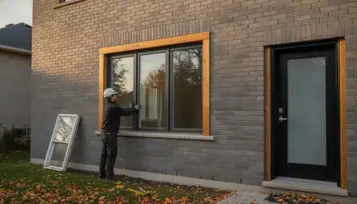 Man in hard hat installing a window on brick house exterior in autumn setting