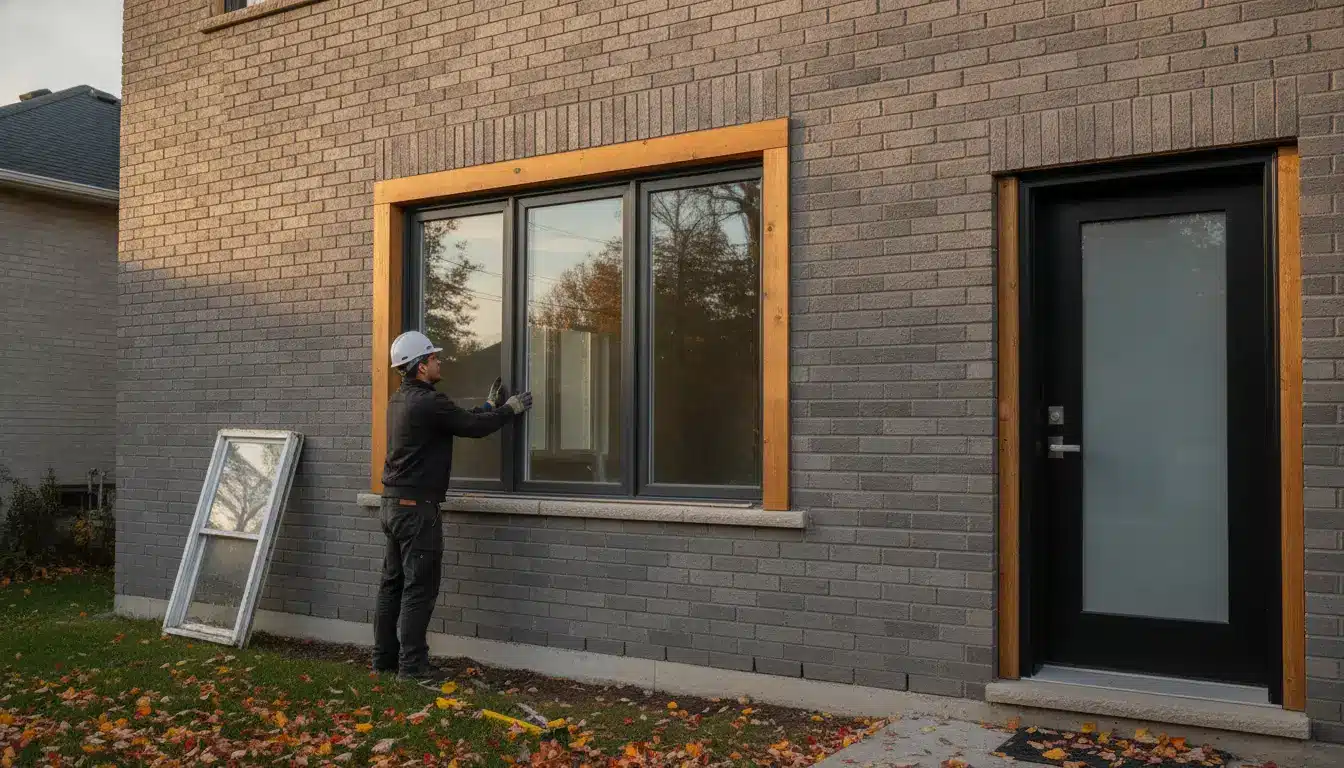 Man in hard hat installing a window on brick house exterior in autumn setting
