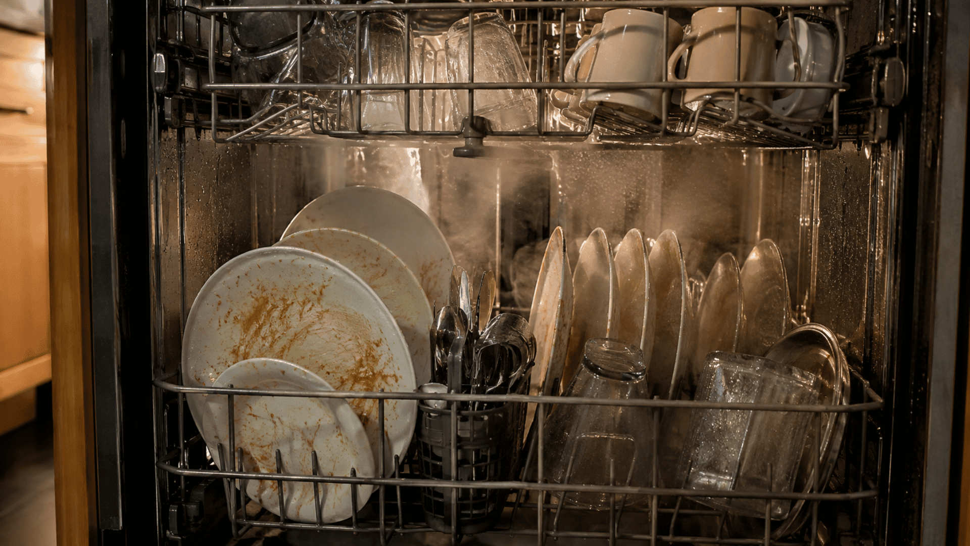 open dishwasher with steamy greasy plates and cloudy glasses under warm kitchen light