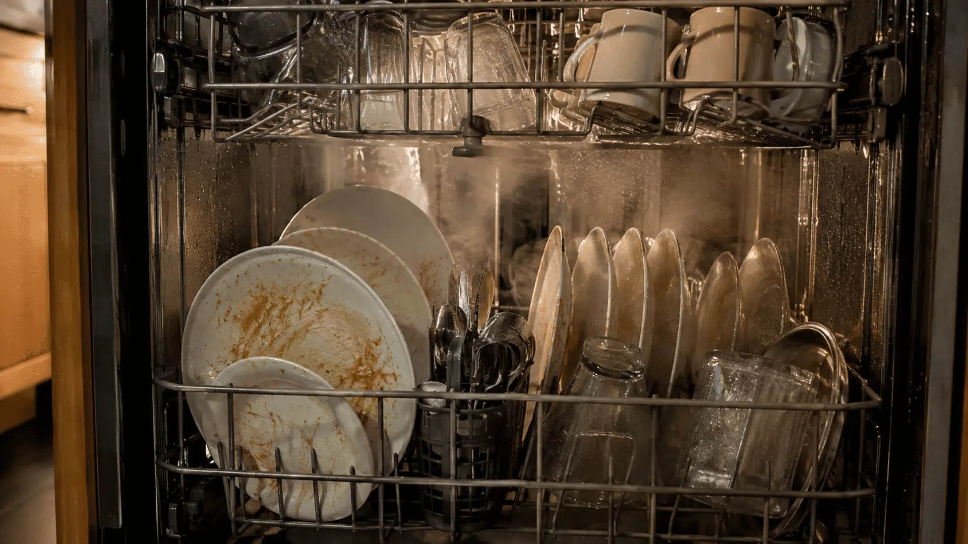 open dishwasher with steamy greasy plates and cloudy glasses under warm kitchen light