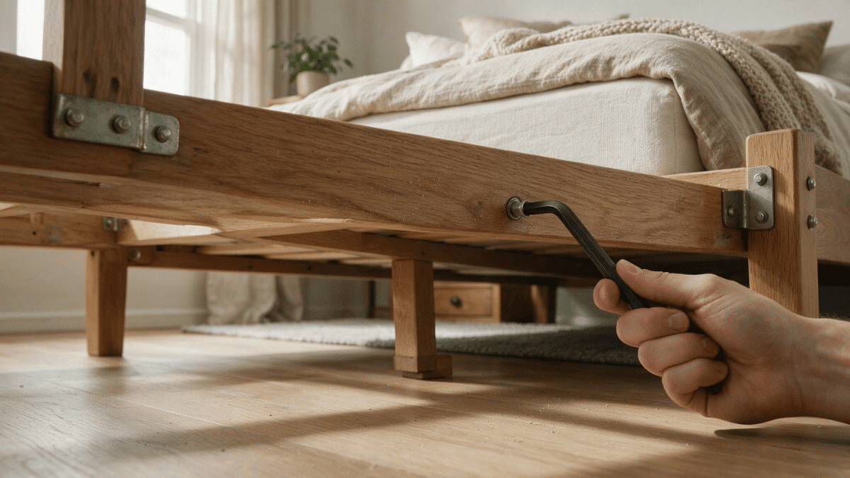 homeowner tightening a wooden bed frame joint with an allen key beneath the bed to stop squeaks safely