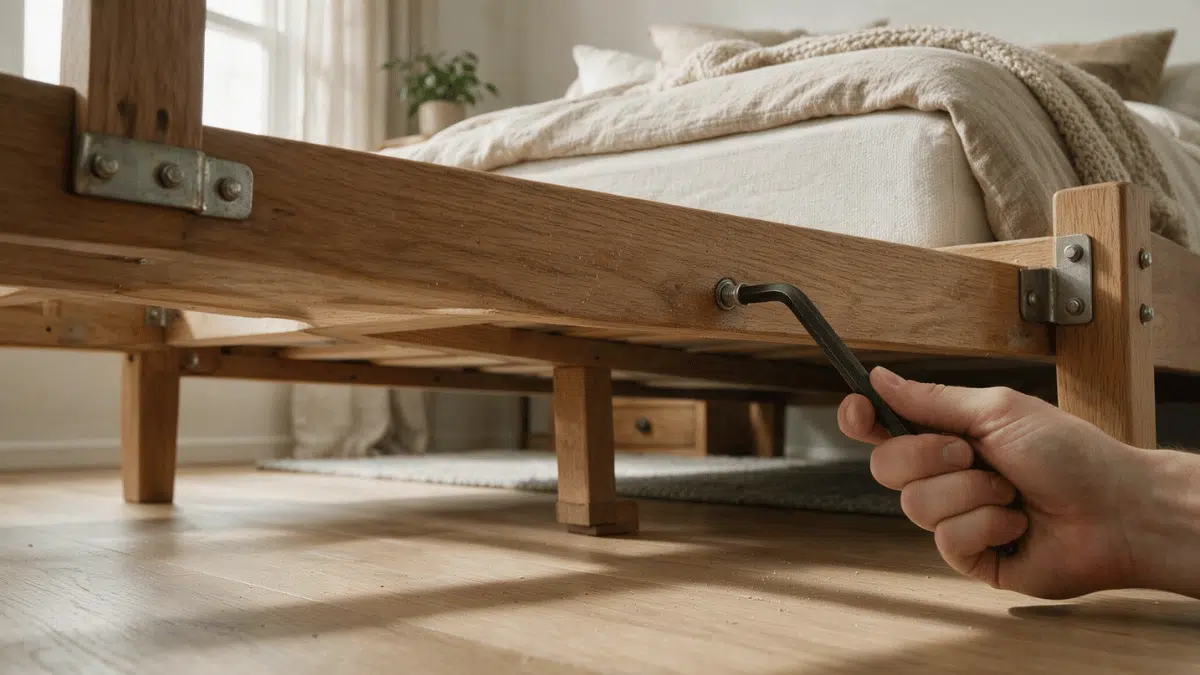 homeowner tightening a wooden bed frame joint with an allen key beneath the bed to stop squeaks safely