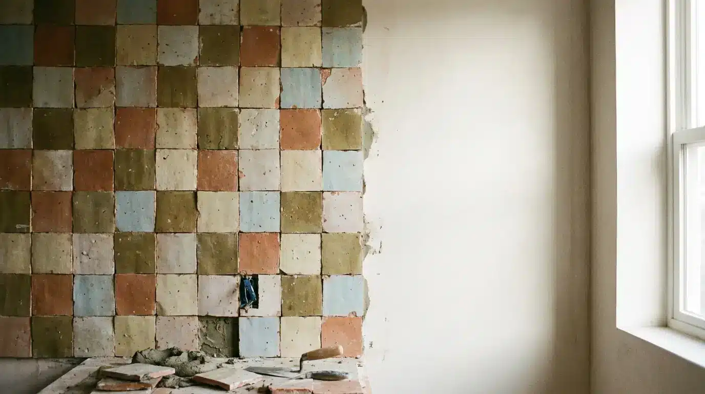 Multicolored tiled wall under construction with trowel on table in well-lit room