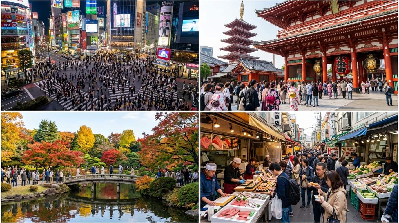 a collage of four photo of tokyo featuring shibuya crossing, a temple, a park, and a market.