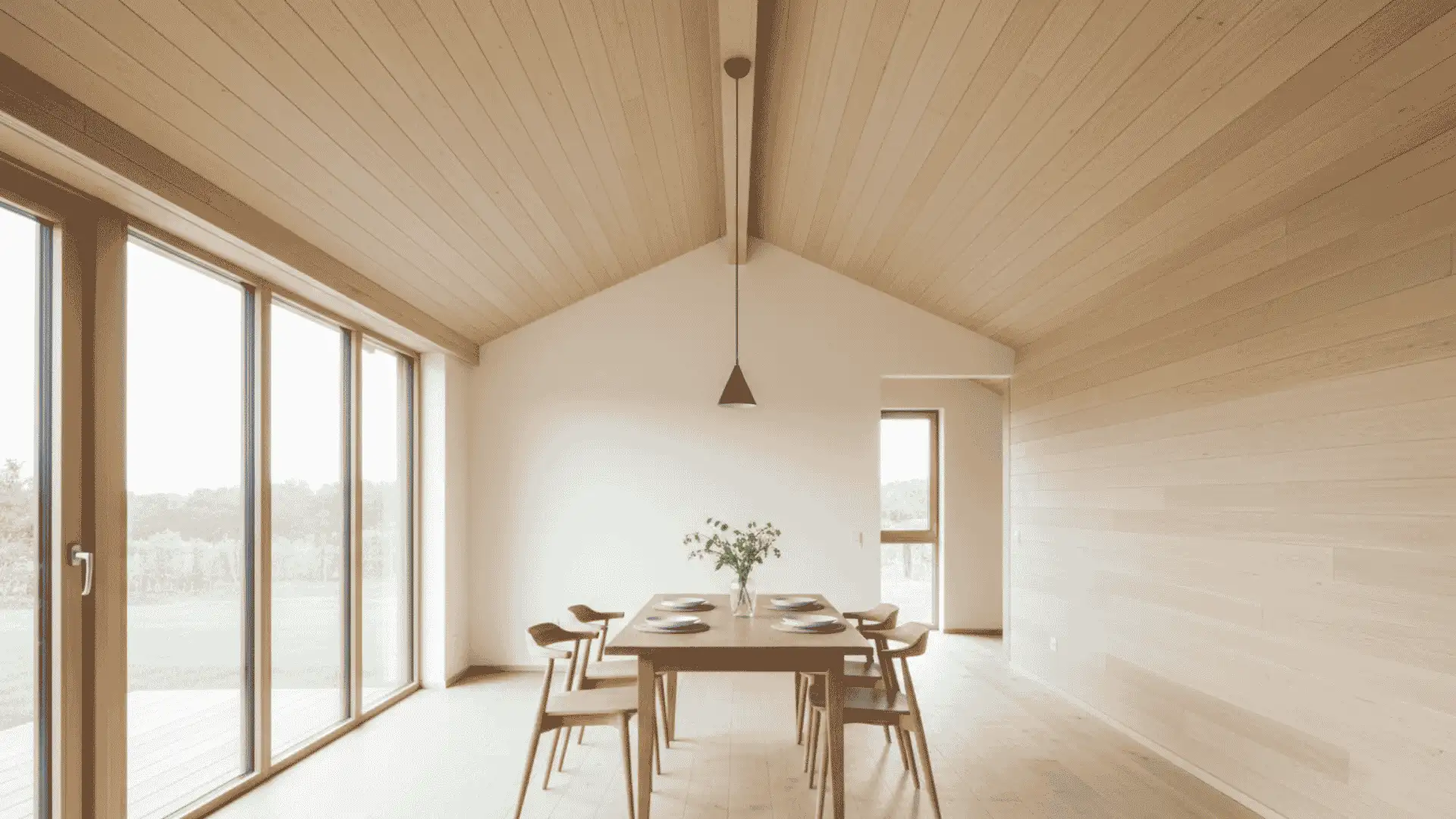 bright dining room with vaulted tongue and groove wood ceiling large windows and simple wood table