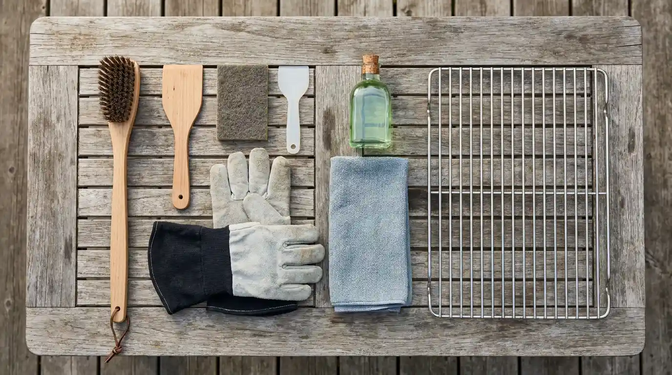 nylon brush wooden scraper gloves cloth and mild soap arranged beside removable grill grates