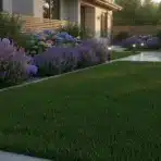 Lush garden with lavender and hydrangea alongside modern pathway and lit pathway lights