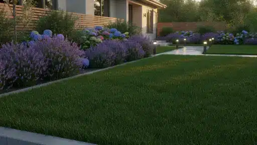 Lush garden with lavender and hydrangea alongside modern pathway and lit pathway lights