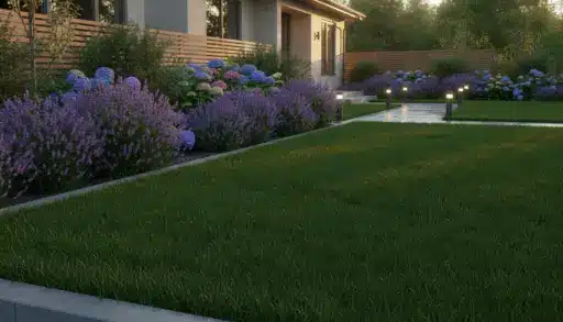 Lush garden with lavender and hydrangea alongside modern pathway and lit pathway lights