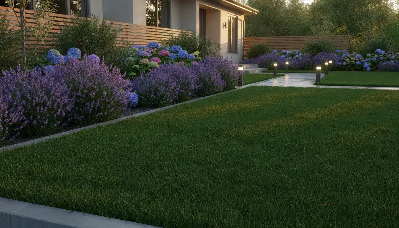 Lush garden with lavender and hydrangea alongside modern pathway and lit pathway lights