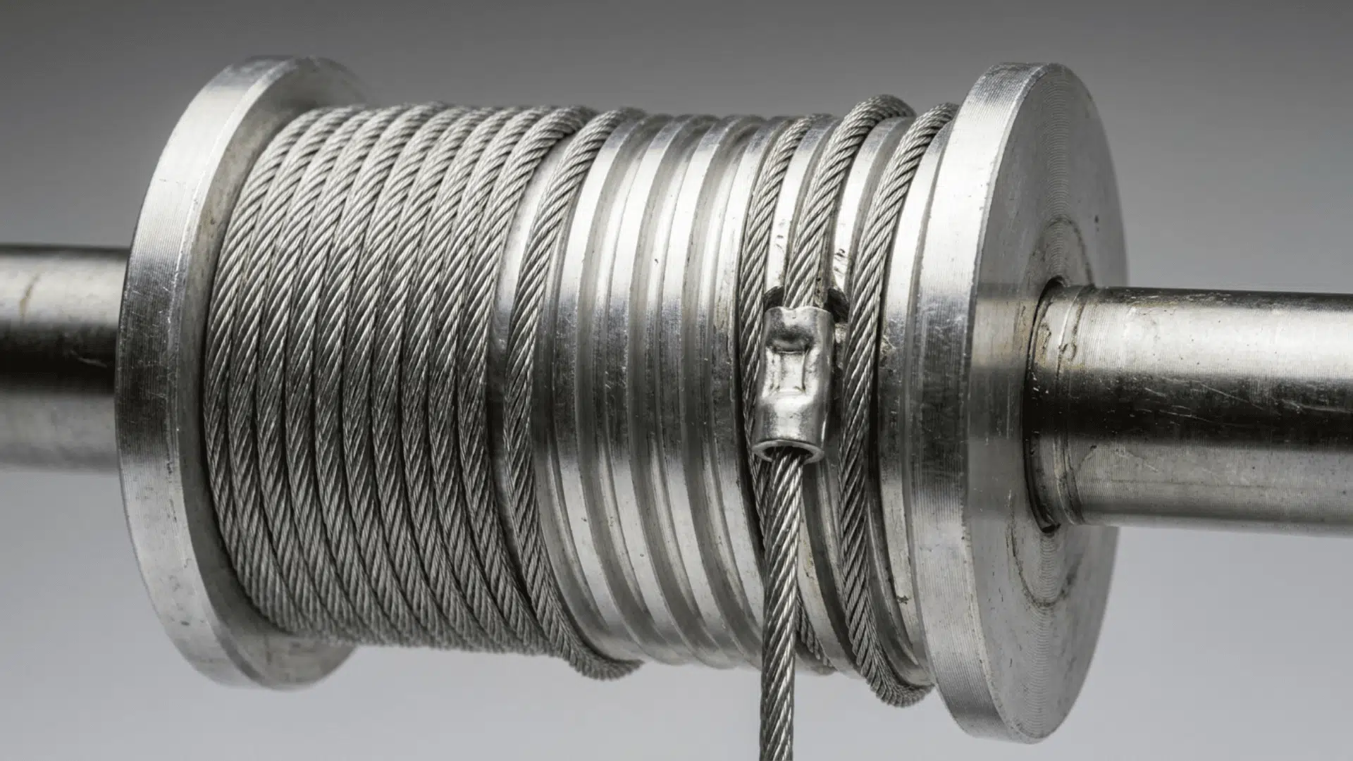 close up of galvanized torsion spring garage door lift cable on drum