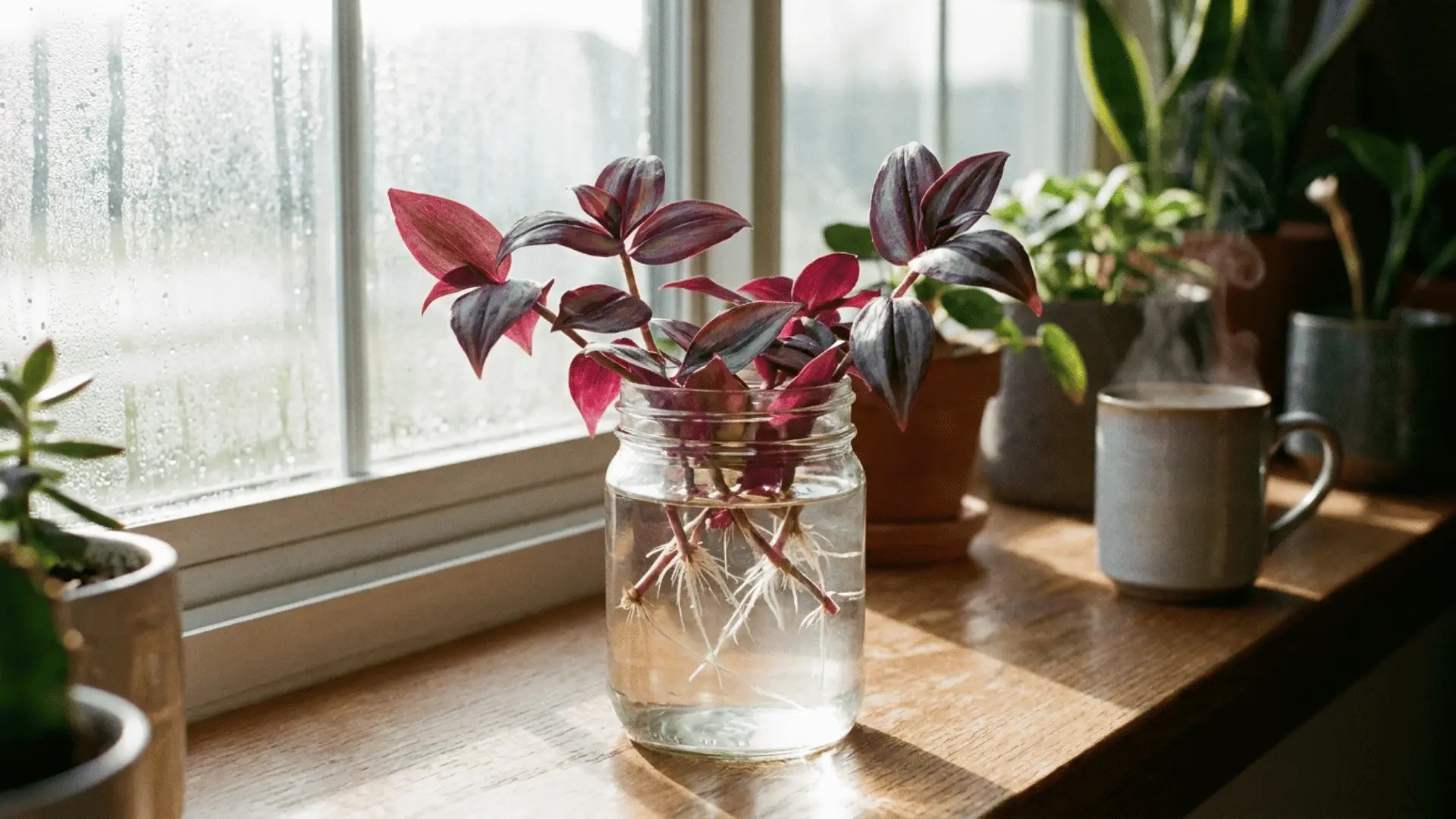 purple trailing plant cuttings with white roots in a glass jar of water beside a misty window and a ceramic mug