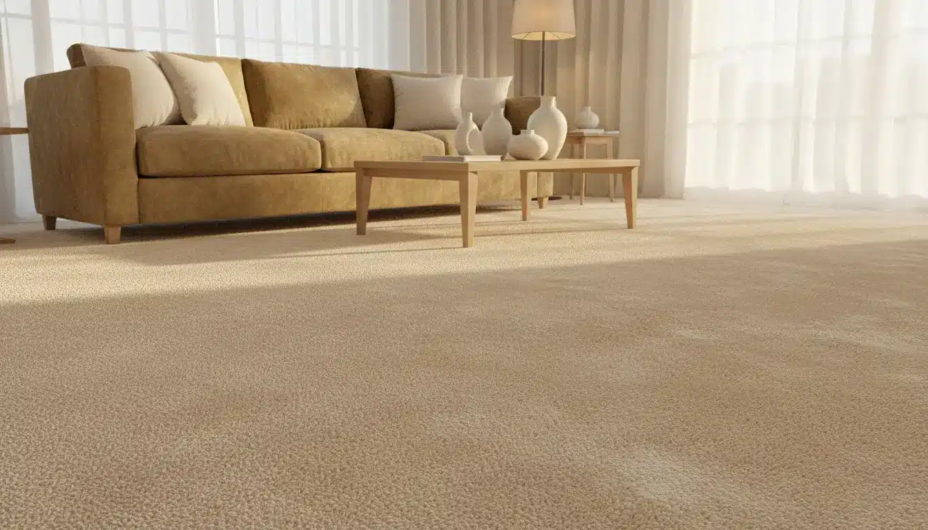 Beige carpeted living room with brown sofa, wooden coffee table, and soft natural light