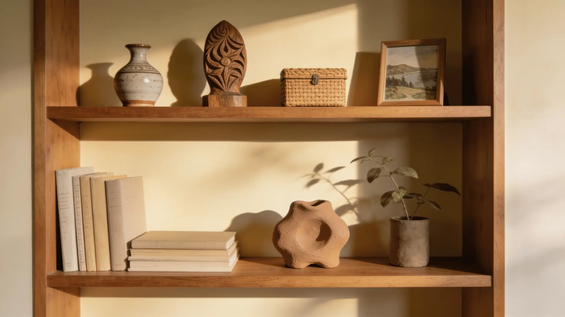 travel souvenirs and collected trinkets styled on warm living room shelves