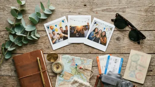 travel themed flat lay with leaves, sunglasses, photos, journal, map, passport, tickets, compass, and camera on a wooden table