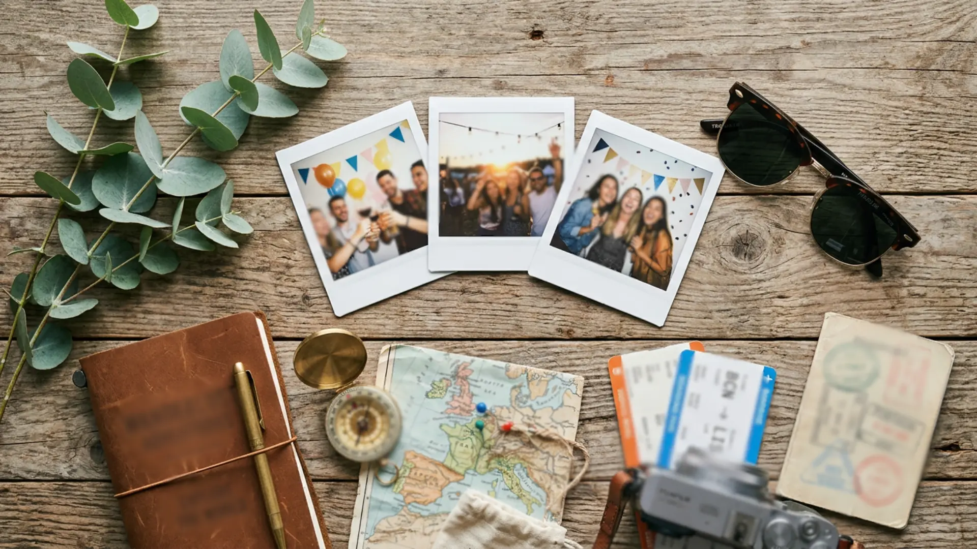 travel themed flat lay with leaves, sunglasses, photos, journal, map, passport, tickets, compass, and camera on a wooden table