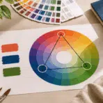 triadic colors explained through a color wheel showing three evenly spaced hues that form a balanced palette