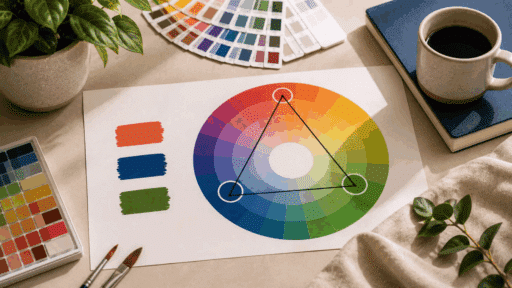 triadic colors explained through a color wheel showing three evenly spaced hues that form a balanced palette