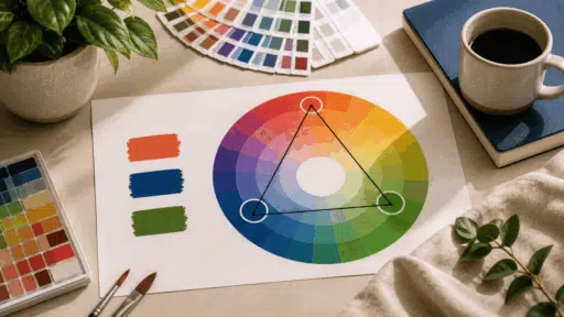 triadic colors explained through a color wheel showing three evenly spaced hues that form a balanced palette