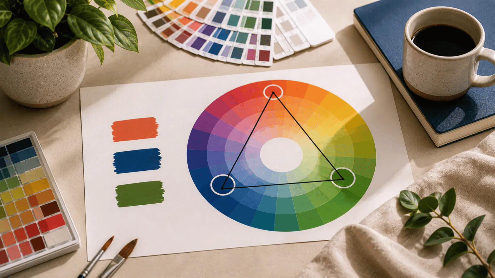 triadic colors explained through a color wheel showing three evenly spaced hues that form a balanced palette