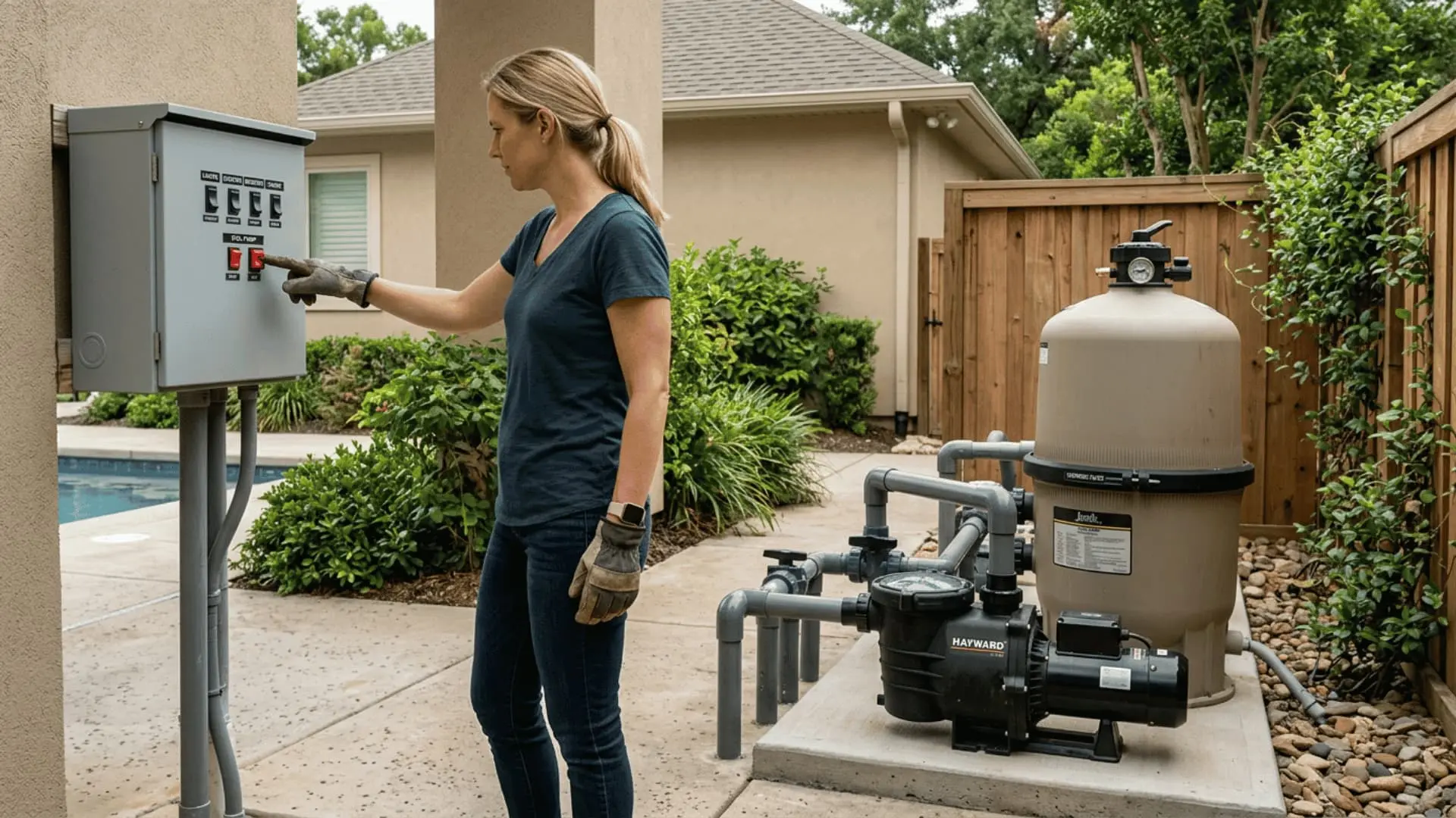 a woman wearing gloves switches off the pool equipment control panel beside the pump and filter system