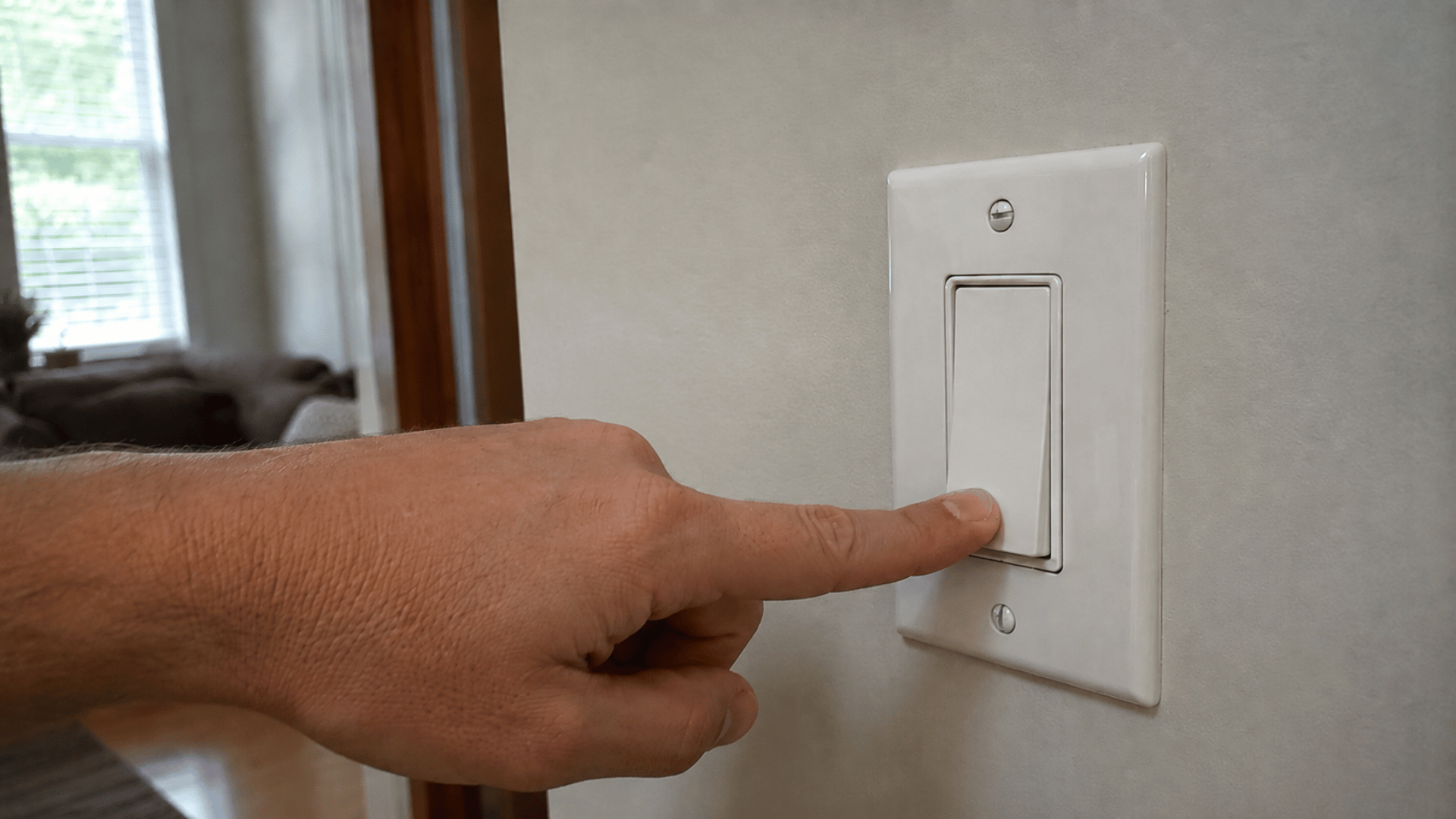 hand pressing a wall light switch off to reduce unnecessary heat from lights inside the room