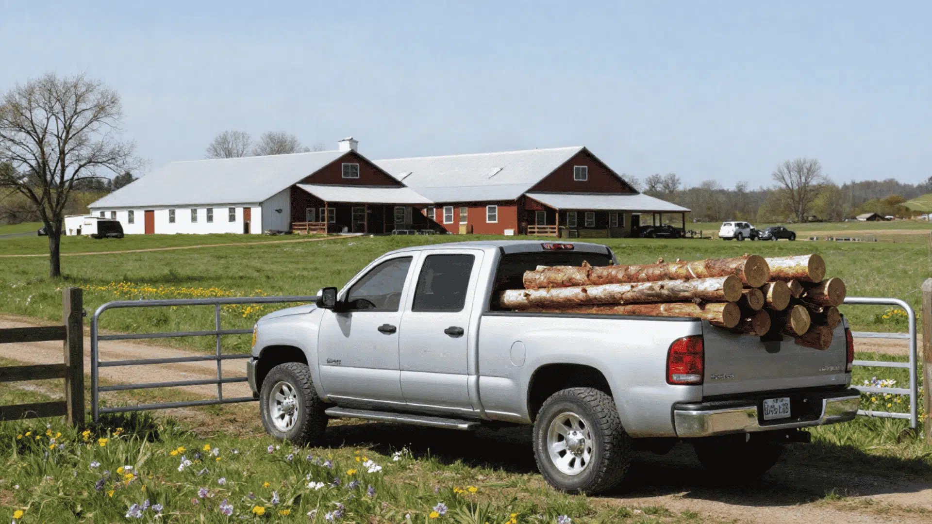 pickup truck loaded with logs parked near a farm showing local firewood delivery and wood supply