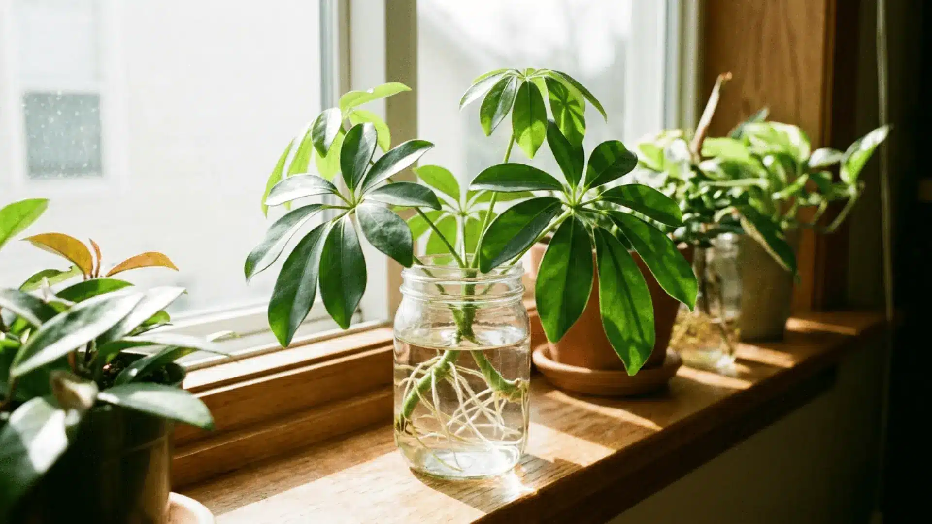 umbrella plant cuttings with white roots growing in a glass jar of water among potted plants on a sunny windowsill
