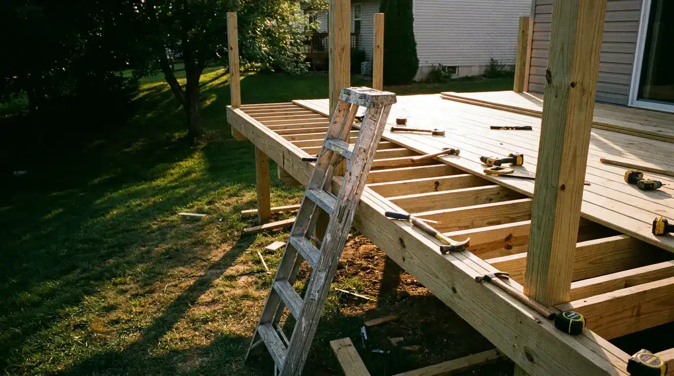 Wooden deck under construction with tools scattered; ladder leaning against partially built structure