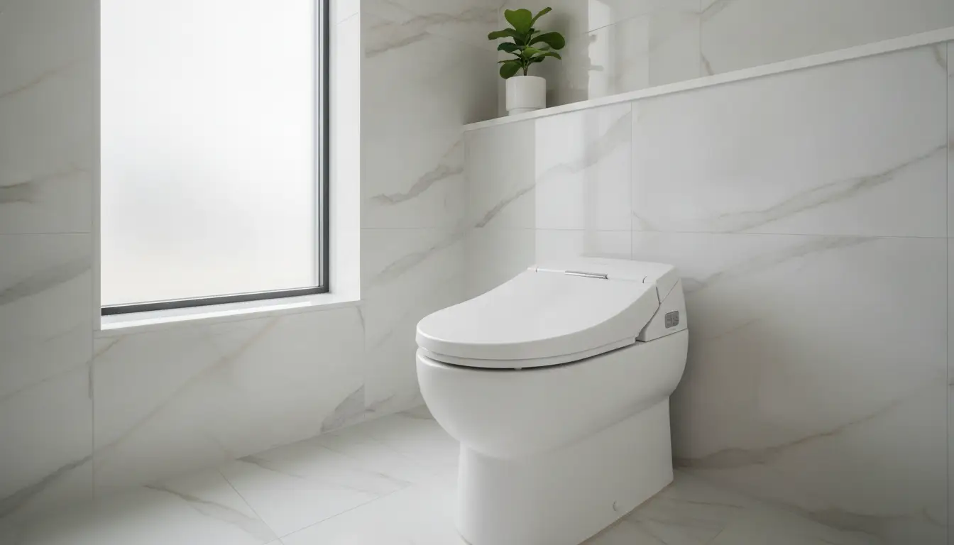 Modern white toilet in bright marble-tiled bathroom with frosted window and small potted plant