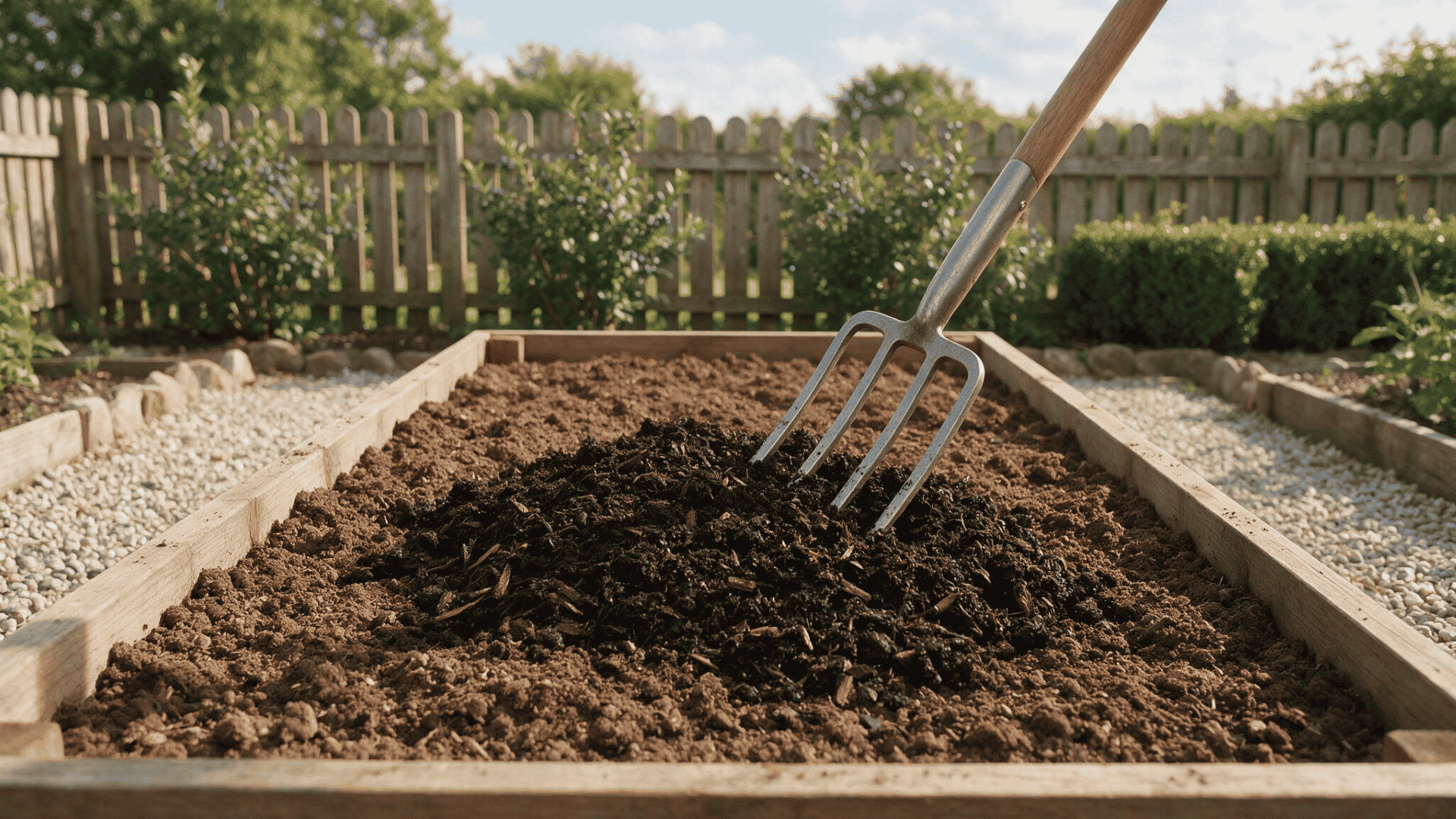 composted manure being incorporated carefully into soil in an empty vegetable garden bed