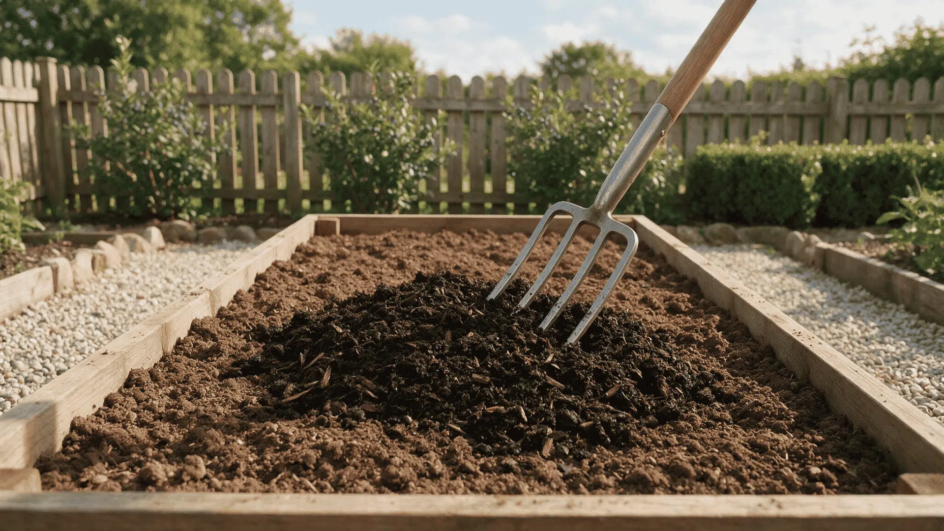 composted manure being incorporated carefully into soil in an empty vegetable garden bed