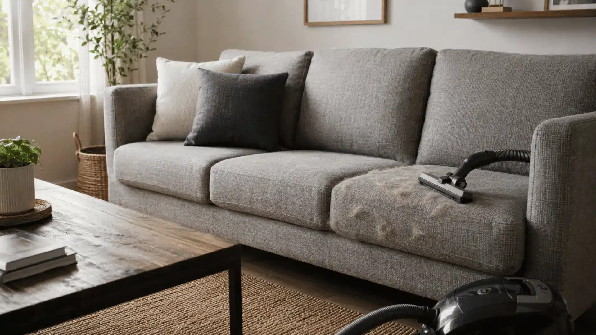 vacuum hose attachment rests on a gray sofa cushion beside clumps of pet hair in a tidy sunlit living room