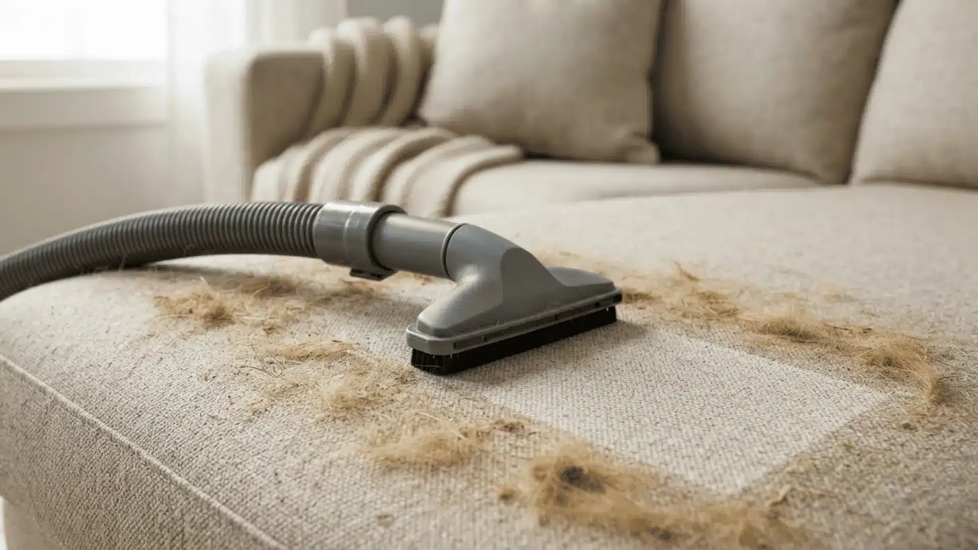 a vacuum upholstery brush rests on a beige sofa cushion covered with loose pet hair and small debris