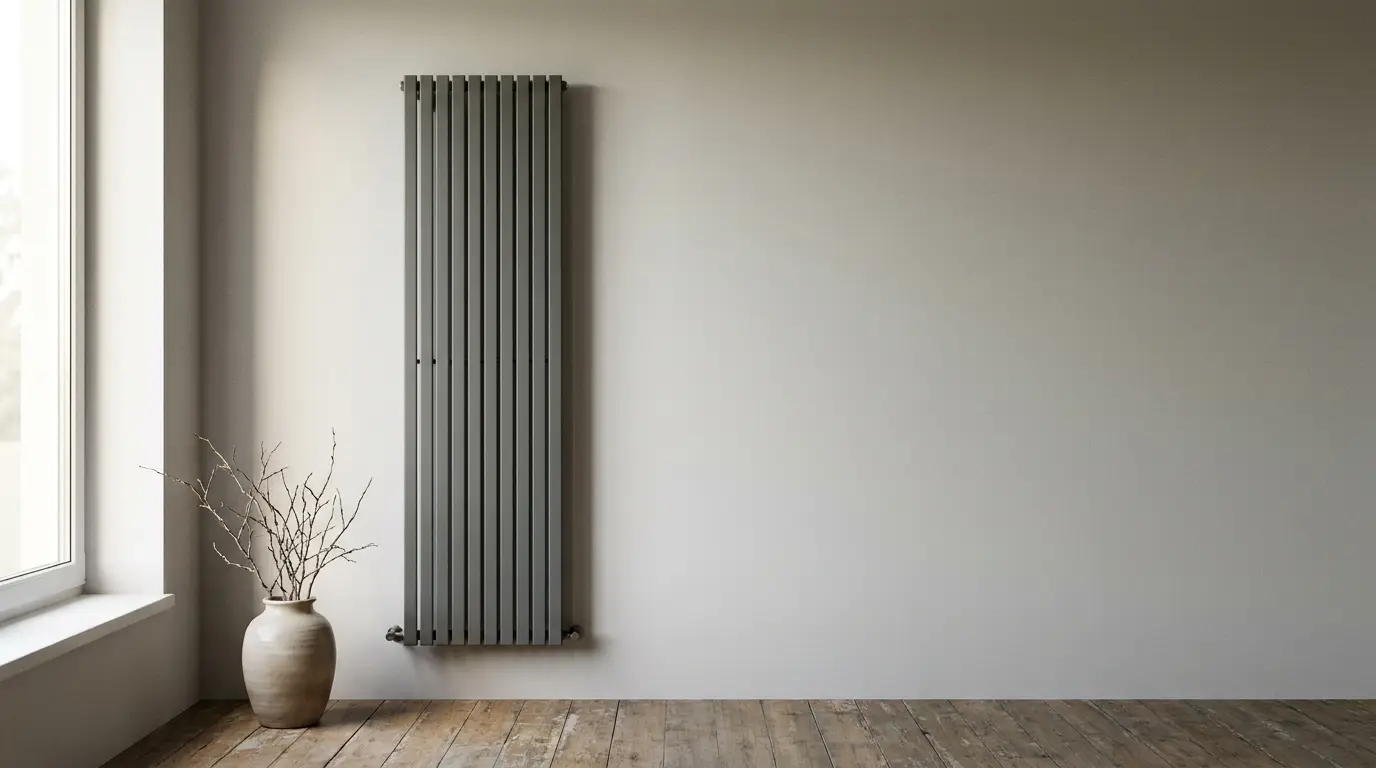 Vertical radiator on light-colored wall with ceramic vase on wooden floor near window