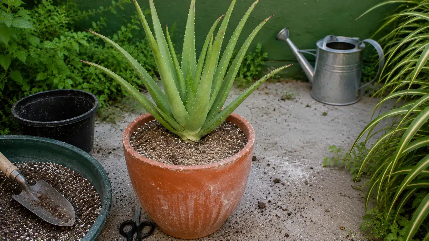 newly potted aloe vera resting in dry soil with a watering can placed away on the patio